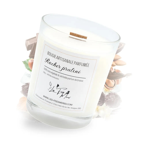 Bougie classique rocher praliné Les Fées Mères, bougie artisanale en cire végétale parfumée.