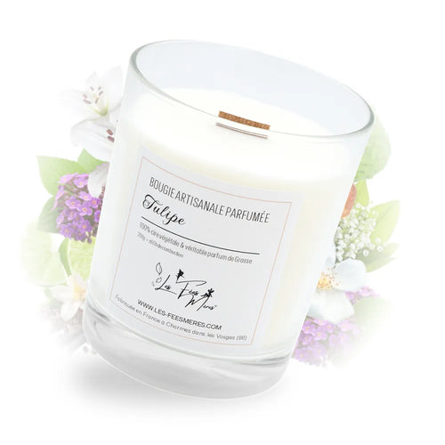 Bougie classique tulipe Les Fées Mères, bougie artisanale en cire végétale parfumée, fabrication artisanale française.