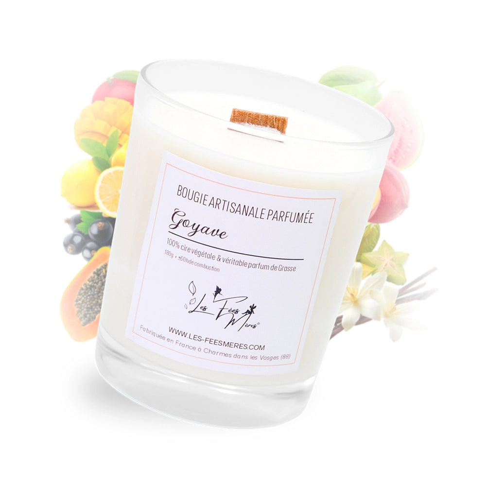 Bougie classique goyave Les Fées Mères, bougie artisanale en cire végétale parfumée, fabrication artisanale française.