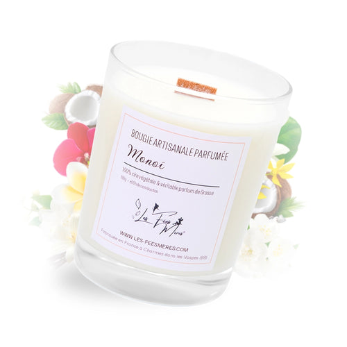 Bougie classique artisanale parfumée au monoï en cire végétale pour l'été.