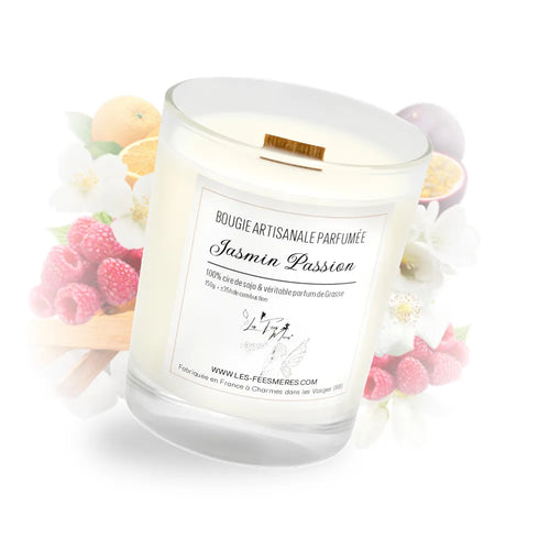 Bougie moyenne classique jasmin passion Les Fées Mères, bougie artisanale en cire végétale parfumée.