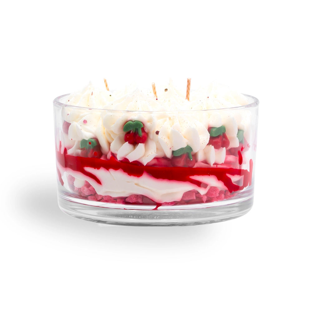 Bougie centre de table cerise noire explosive Les Fées Mères, coupe en verre, volutes de cire blanche, cerises rouges en cire et marbrures rouges, 3 mèches