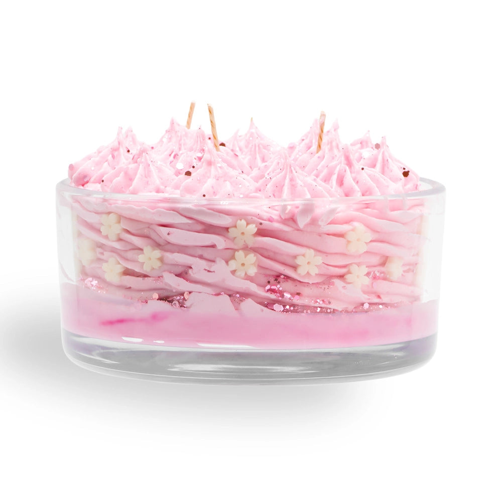 Bougie centre de table fleur de cerisier Les Fées Mères, coupe en verre, volutes de cire rose, petites fleurs blanches et paillettes roses, 4 mèches