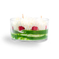 Bougie centre de table rhubarbe fraise Les Fées Mères, coupe en verre, couches de cire verte marbrée de blanc, fraises en cire et volutes blanches, 3 mèches
