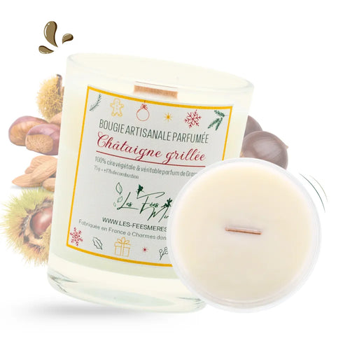 Bougie moyenne classique châtaigne grillée Les Fées Mères, bougie artisanale en cire végétale parfumée.