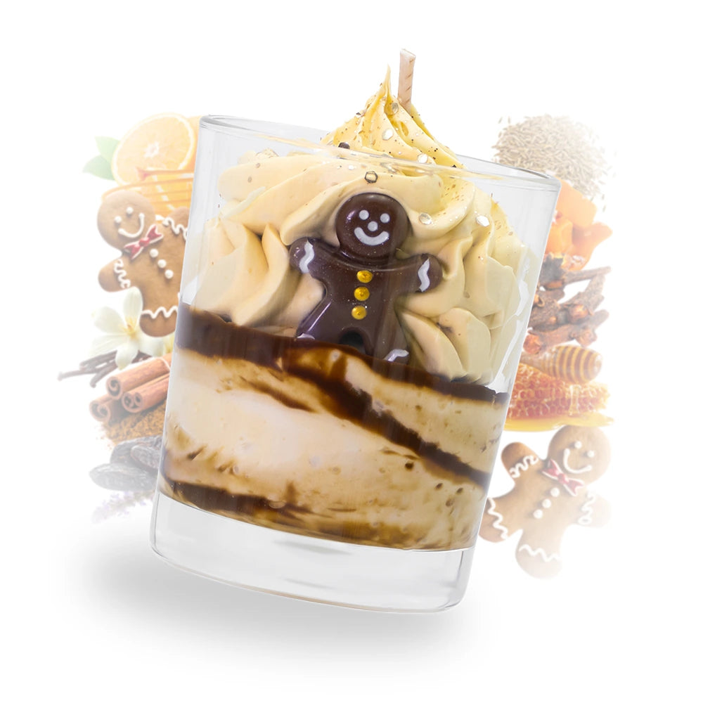 Bougie gourmande pain d'épices en verre, cire de tournesol fouettée crème, bonhomme pain d'épices et marbrures brunes, Les Fées Mères