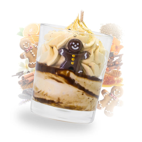 Bougie gourmande pain d'épices en verre, cire de tournesol fouettée crème, bonhomme pain d'épices et marbrures brunes, Les Fées Mères