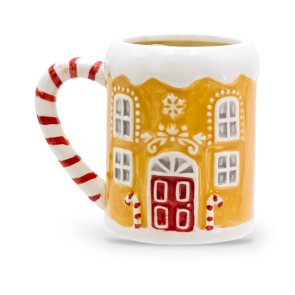 Bougie mug maison pain d'épices parfum pain d'épices en céramique, toit enneigé, fenêtres blanches, porte rouge et anse rayée rouge et blanche, Les Fées Mères