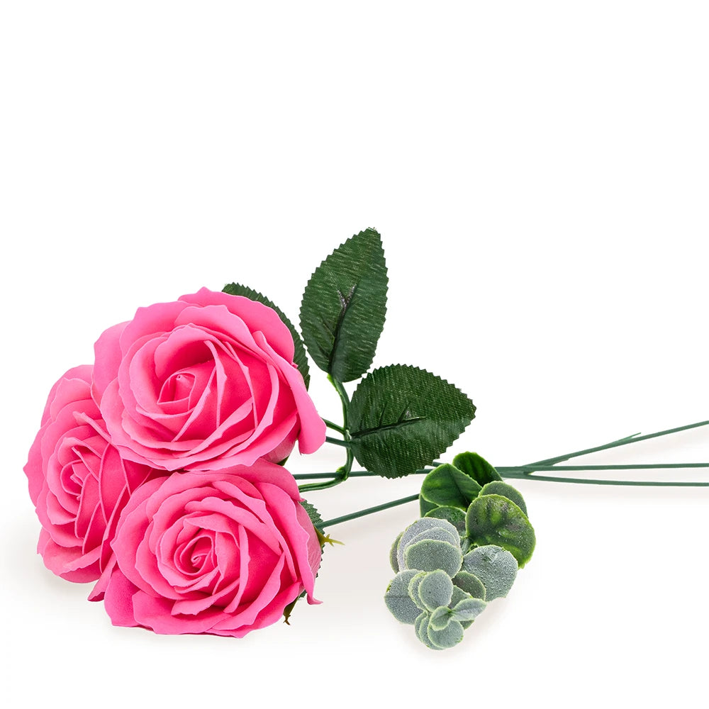 Bouquet de 3 roses de savon fuchsia avec feuillage vert, fleur éternelle artisanale Les Fées Mères
