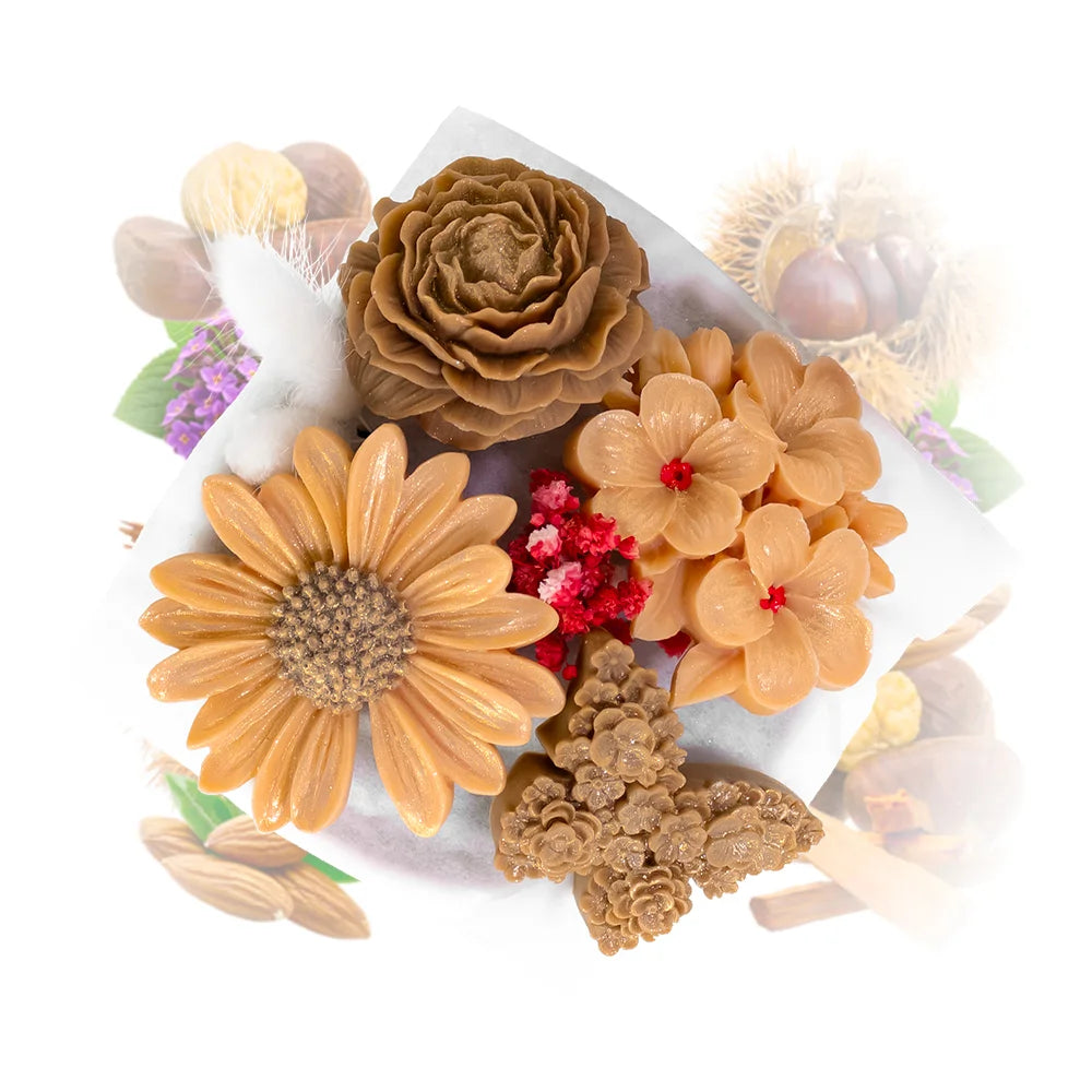 bouquet de fleurs en cire parfumée châtaigne grillée Les Fées Mères, cire végétale française, vue de dessus