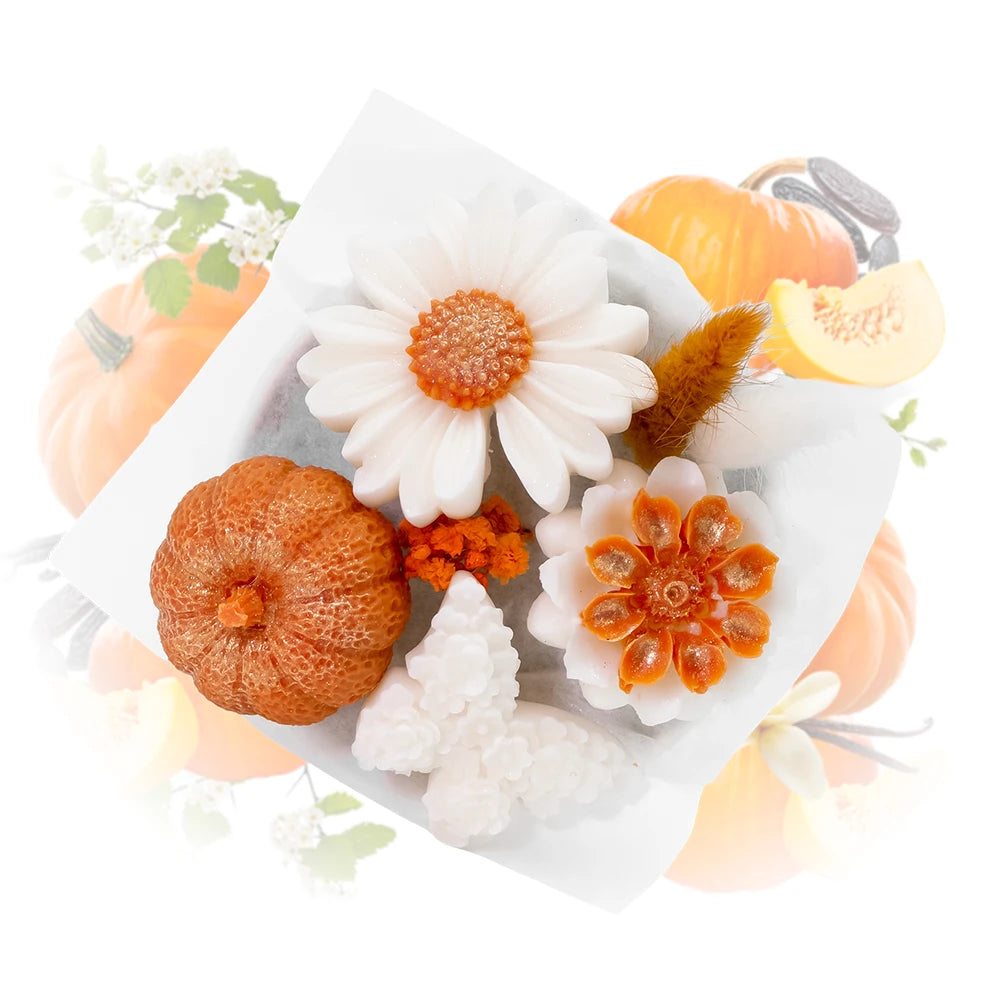 bouquet de fleurs en cire parfumée citrouille Les Fées Mères, cire de tournesol certifiée Ecocert, 115 g, vue de dessus