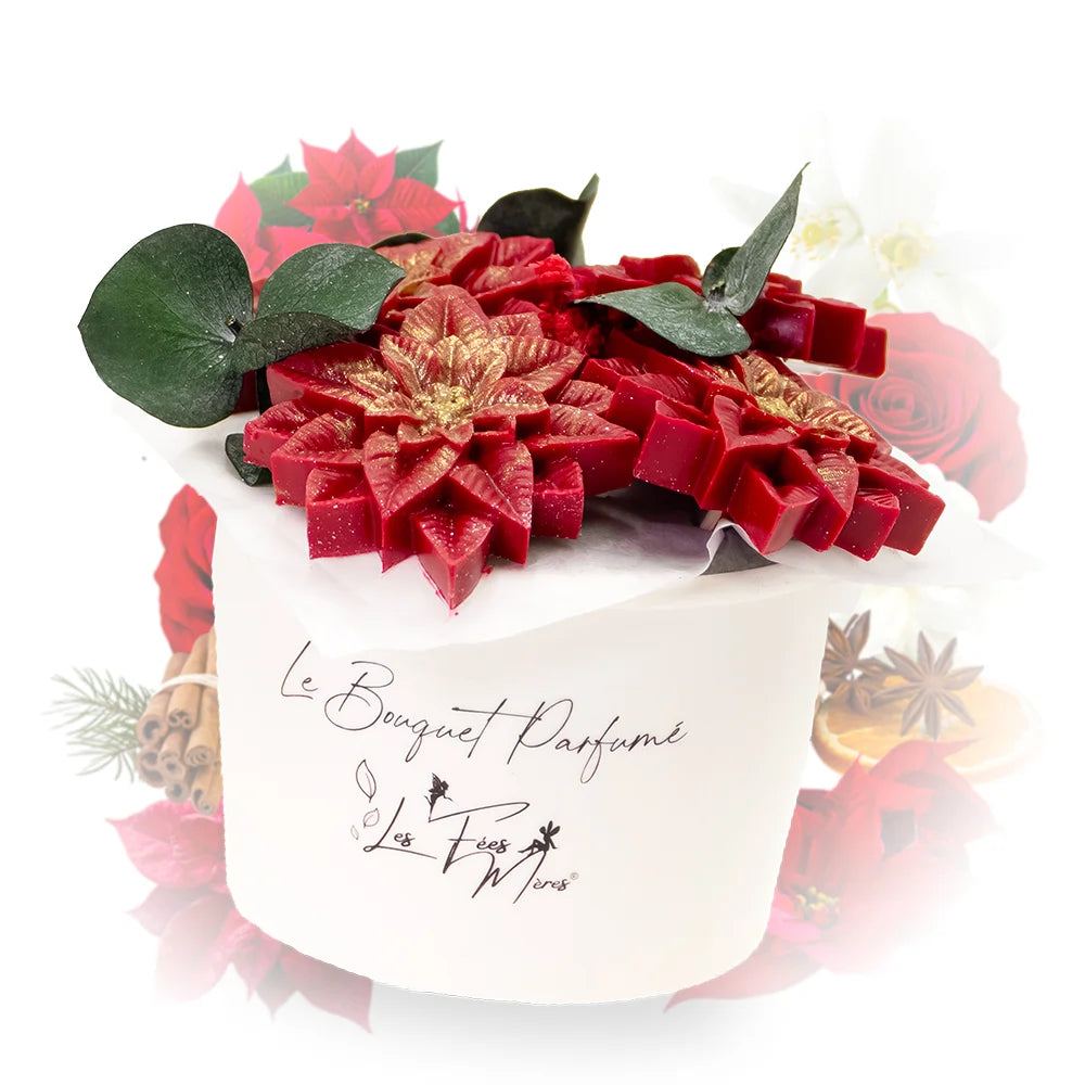 bouquet de fleurs en cire parfumée fleur de noël Les Fées Mères, parfum couronne de gui, cire végétale, 115 g
