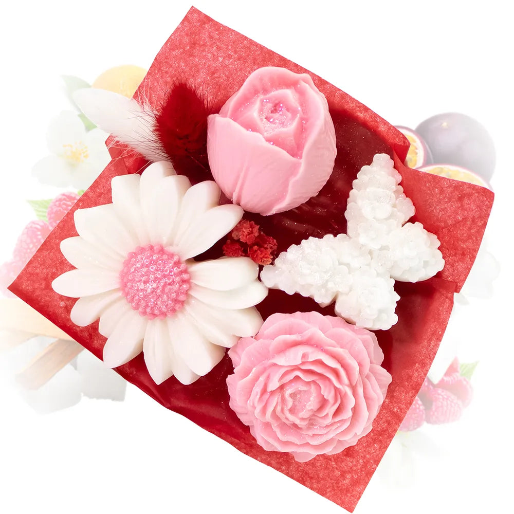 bouquet de fleurs en cire parfumée jasmin passion Les Fées Mères, cire végétale, 115 g, vue de dessus