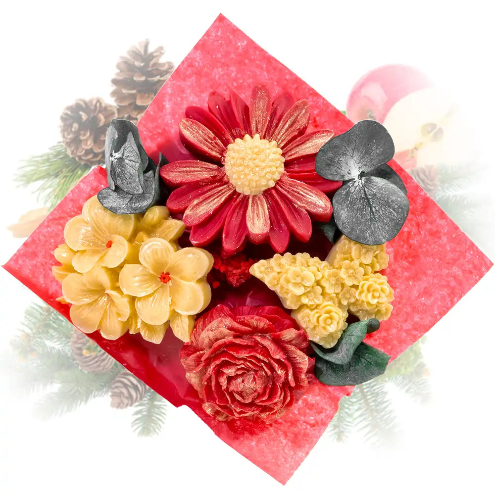 bouquet de fleurs en cire parfumée sapin Les Fées Mères, cire végétale de tournesol française, 115 g, vue de dessus
