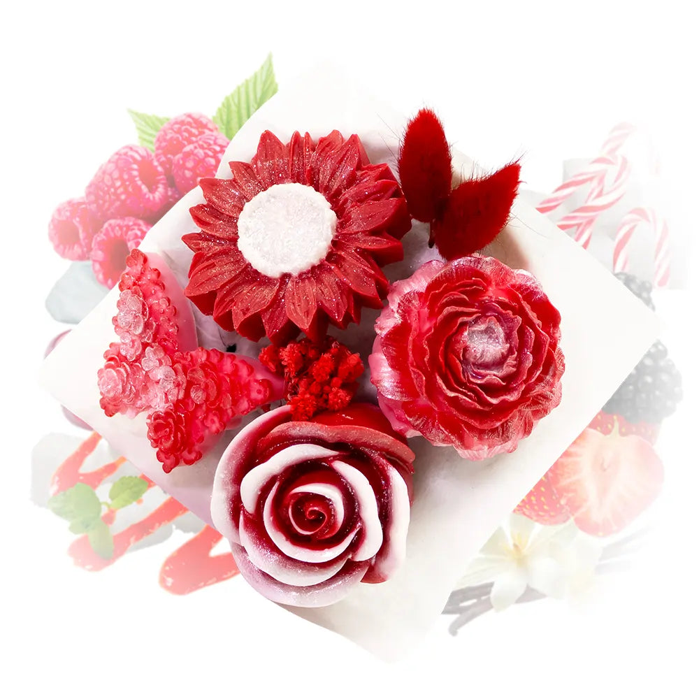 bouquet de fleurs en cire parfumée sucre d'orge Les Fées Mères, cire végétale française, 115 g, vue de dessus