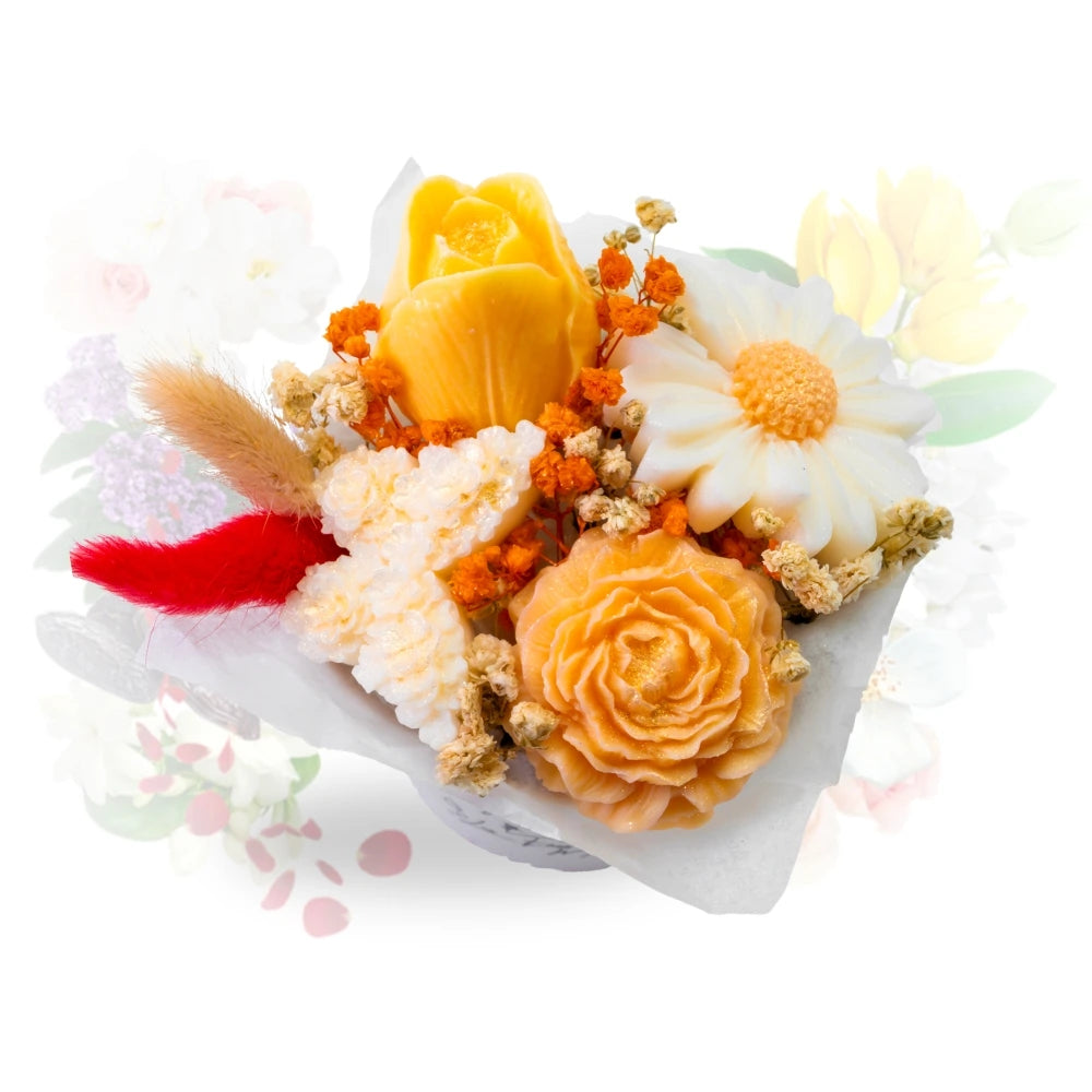 Ceci est un bouquet en cire parfumé, bouquet éternel parfumé au musc. On y voit les 4 fleurs éternels ainsi que les fleurs séchées qui l'accompagne.