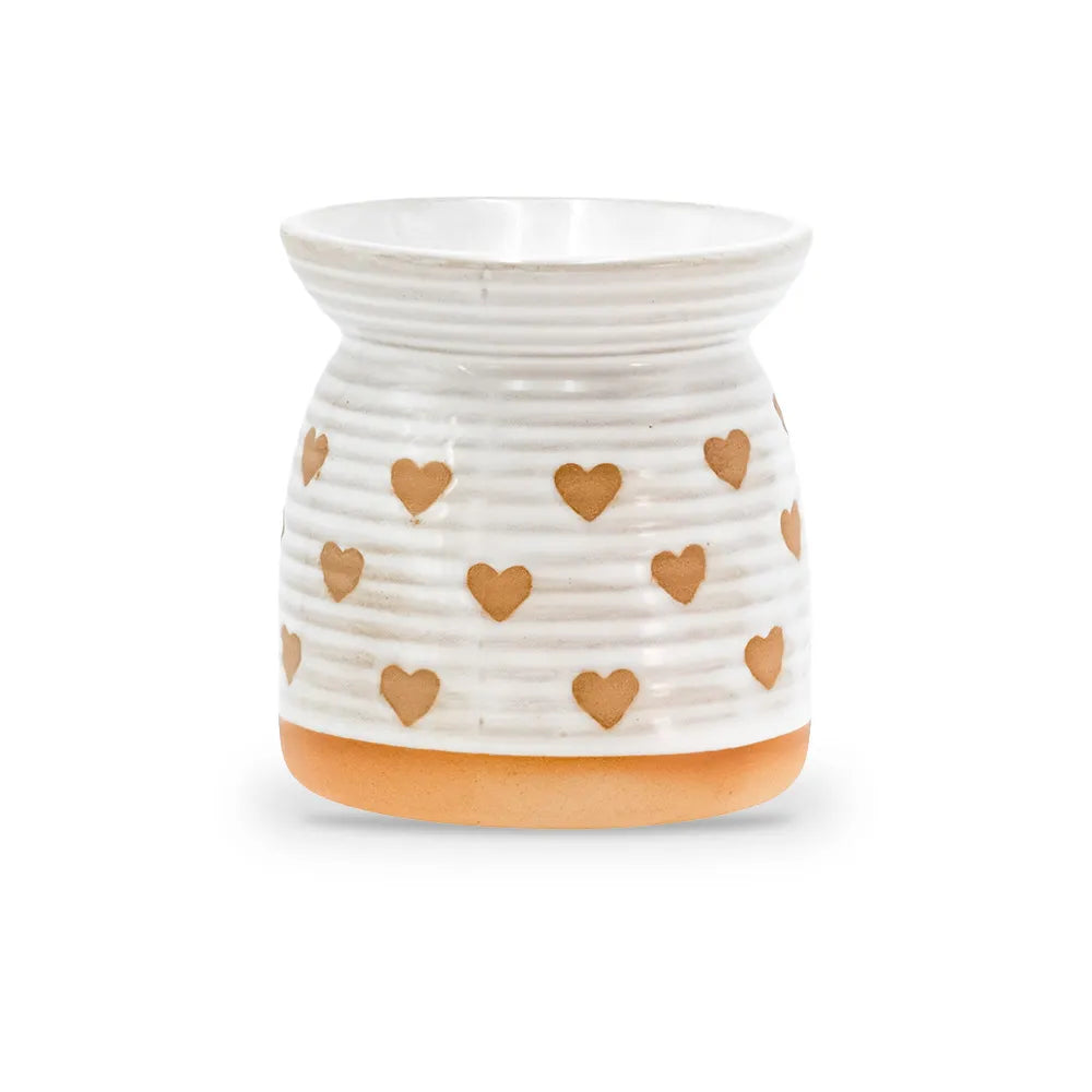 Brûle parfum beige à motif de cœurs en céramique striée, cœurs et socle couleur terre cuite, pour fondants parfumés, Les Fées Mères