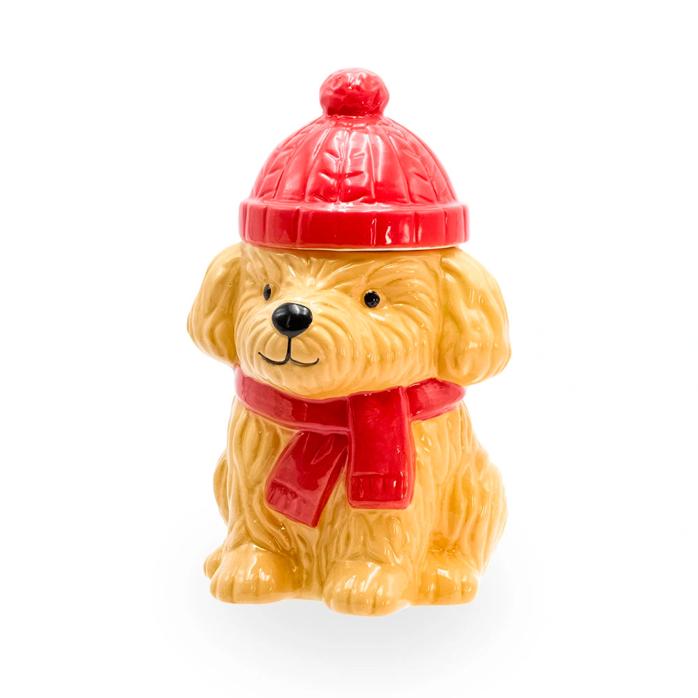 Brûle parfum chiot d'hiver en céramique avec écharpe et bonnet à pompon rouges, pour fondants parfumés, Les Fées Mères