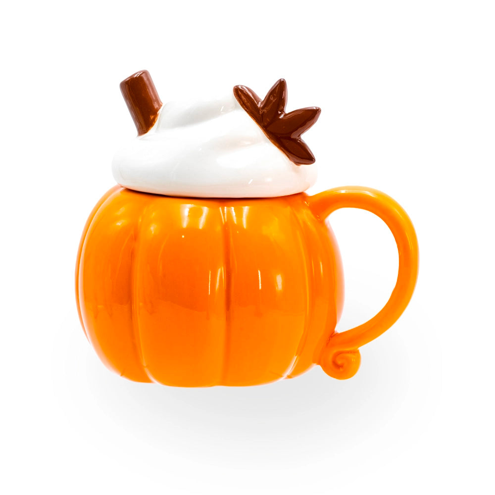 Brûle parfum citrouille épicée façon mug orange en céramique avec couvercle amovible, pour fondants parfumés, Les Fées Mères