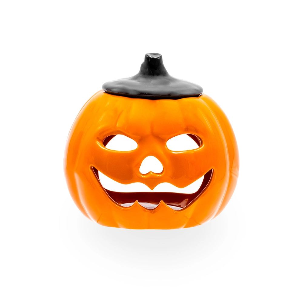 Brûle parfum citrouille d'Halloween en céramique orange, visage Jack O'Lantern découpé et chapeau noir, Les Fées Mères