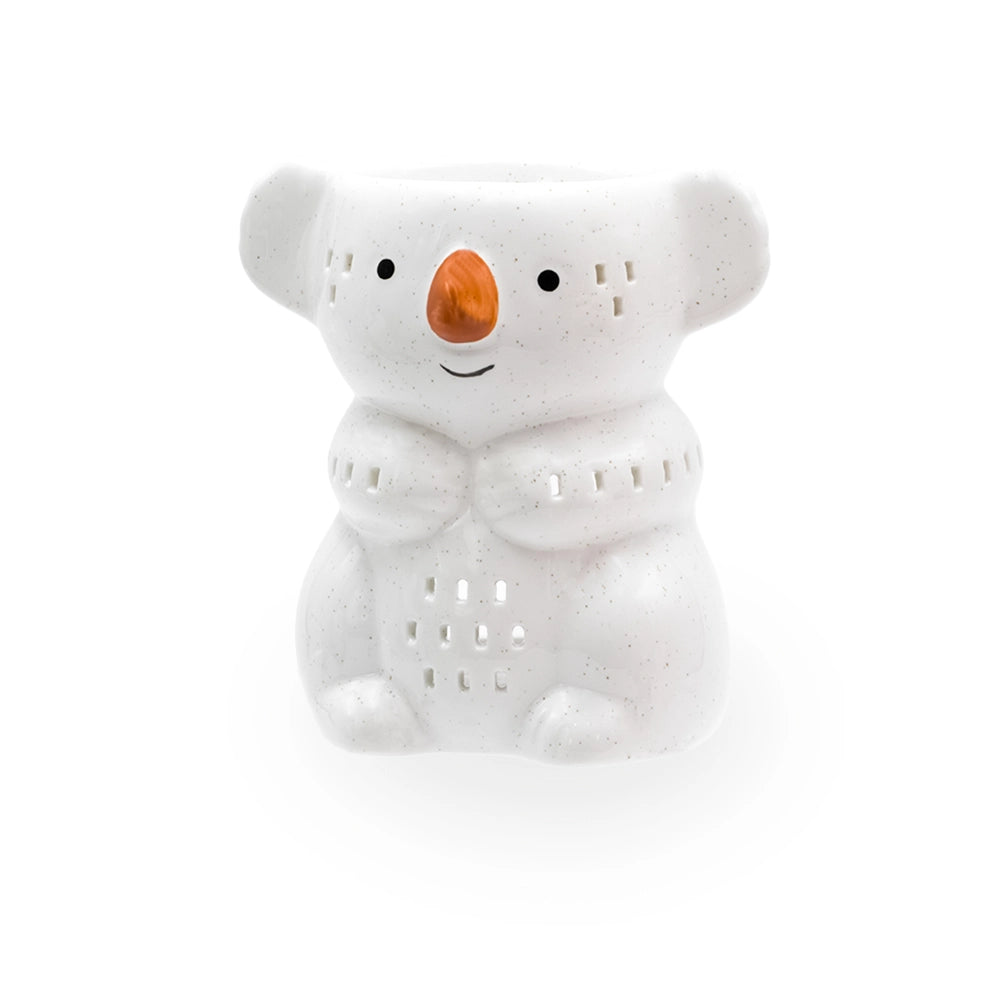 Brûle parfum koala en céramique blanche mouchetée avec nez orange et ajours décoratifs, pour fondants parfumés, Les Fées Mères