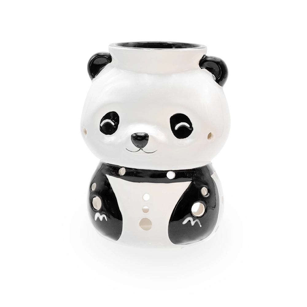 Brûle parfum panda en céramique noire et blanche aux yeux rieurs, ajours ronds et coupelle sur la tête, Les Fées Mères