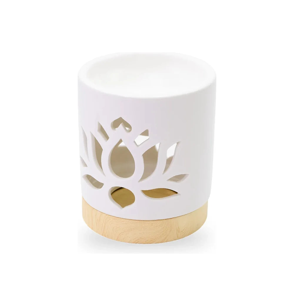 Brûle-parfum photophore nénuphar en céramique blanche ajourée et socle en bois, diffuseur de fondants parfumés Les Fées Mères