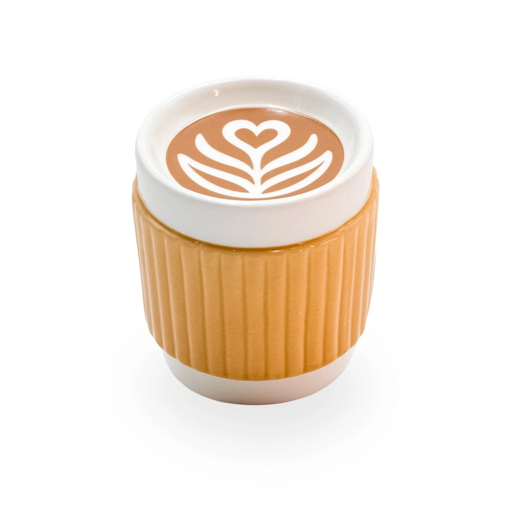 Brûle parfum tasse de café en céramique avec couvercle, pour fondants parfumés, Les Fées Mères, vue de la coupelle à motif latte art