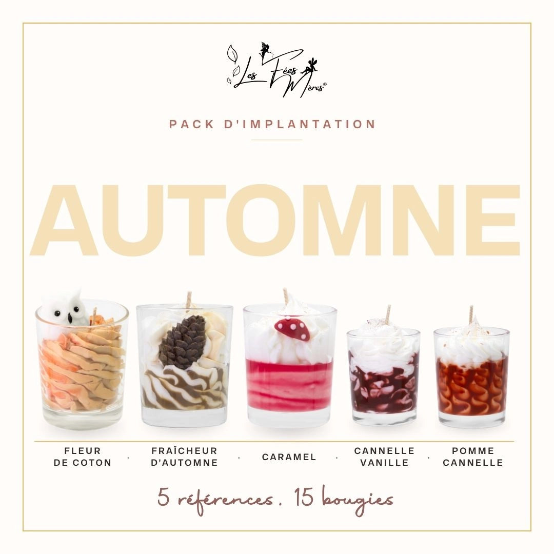 Pack d'implantation automne Les Fées Mères, 15 bougies gourmandes artisanales en cire d'origine naturelle, 5 références pour boutique revendeur