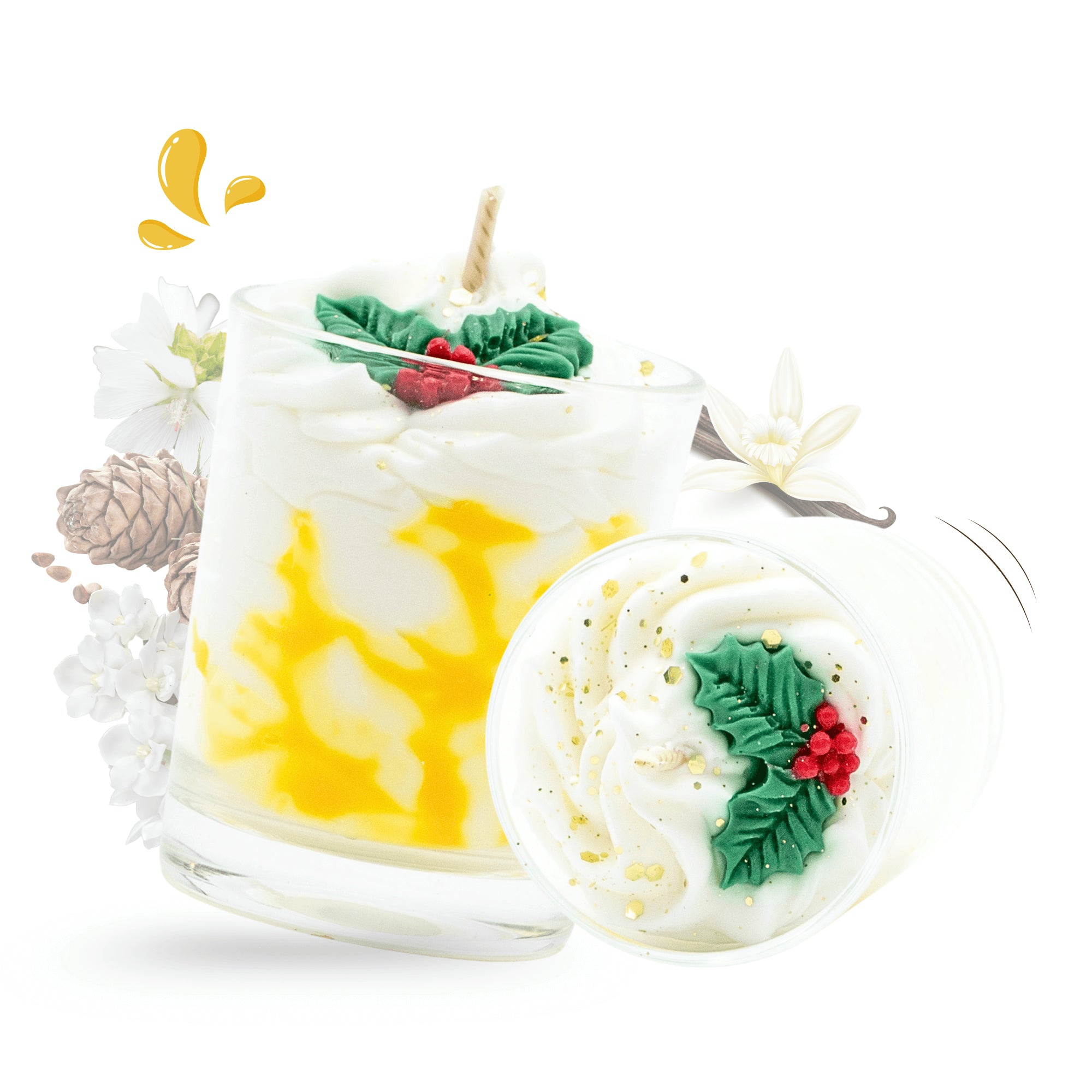 Petite bougie gourmande artisanale Les Fées Mères parfum délice vanillé, en cire végétale française de tournesol, décorée d’une chantilly façonnée à la main, aspect inspiré d’un dessert réaliste, parfum de Grasse, bougie parfumée non comestible, fabrication artisanale française. Made in France, fabriquée dans les Vosges.