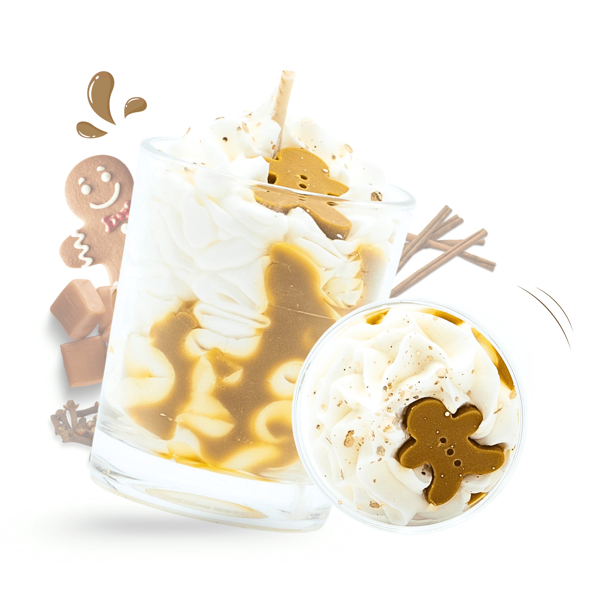 Petite bougie gourmande artisanale Les Fées Mères parfum pain d'épices, en cire végétale française de tournesol, décorée d’une chantilly façonnée à la main, aspect inspiré d’un dessert réaliste, parfum de Grasse, bougie parfumée non comestible, fabrication artisanale française. Made in France, fabriquée dans les Vosges.