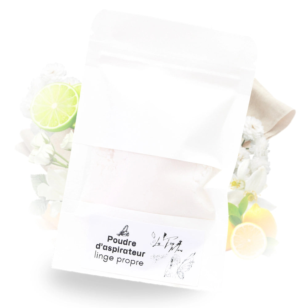 Sachet de poudre parfumée artisanale pour aspirateur, senteur linge propre.
