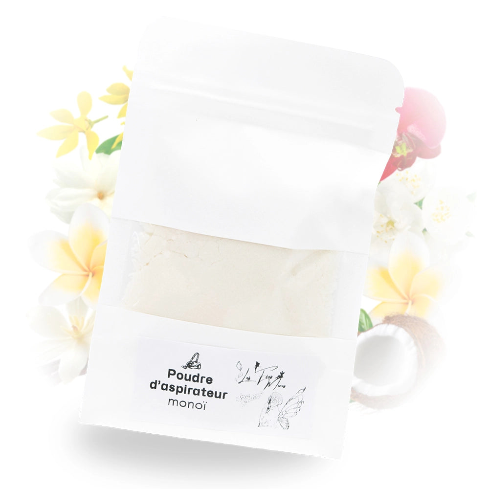 Sachet de poudre parfumée pour aspirateur au monoï, produit artisanal et naturel.