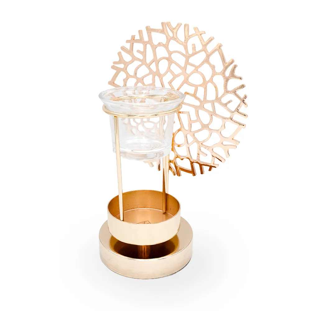 Photo qui représente le brûle parfum corail doré et sa coupelle en verre