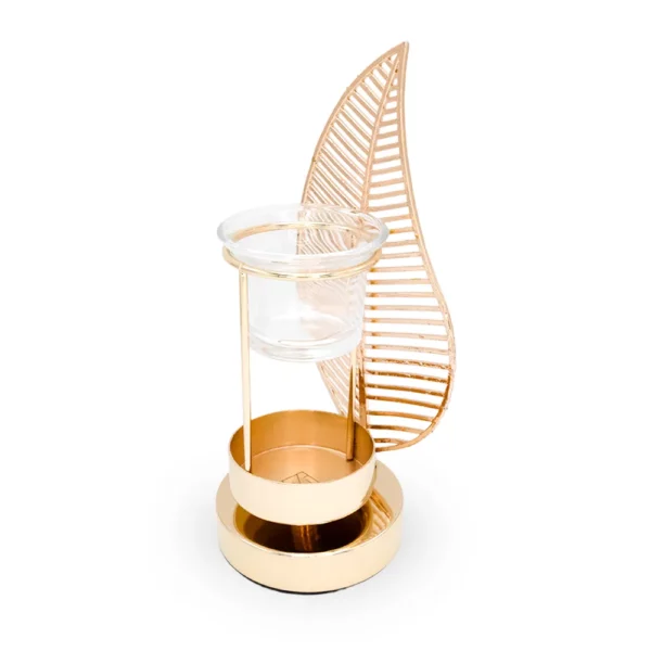 Photo qui représente le brûle parfum feuille doré et sa coupelle en verre