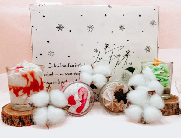 Box mensuelle bougie de décembre 2023 des bougies Les Fées Mères : 4 mini gourmandes de Noël exclusive