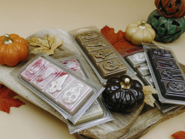 Le fondant barre parfumé Halloween est en cire de colza. Ils sont spécial Halloween ont des couleurs et des parfums de saisons. Les barres sont décorés dans le thème (crâne, fantôme, chapeau de sorcière, citrouille...)