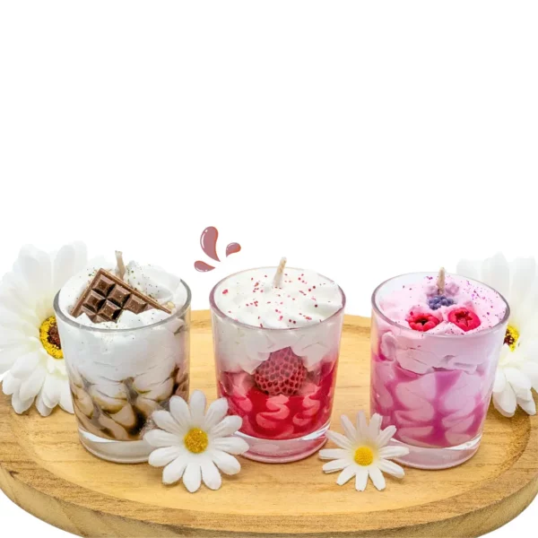 cette photo représente le coffret 3 minis bougies gourmandes au choix