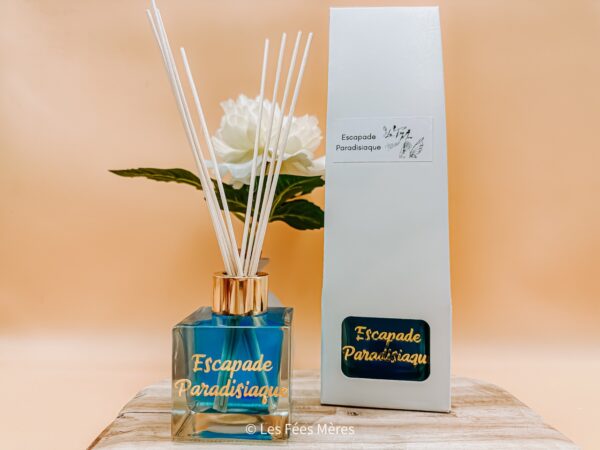 Diffuseur de parfum artisanal "escapade paradisiaque" à tiges en rotin naturel senteur monoï coco vanille. Contenant en verre transparent, liquide paillette & décoratif, bouchon doré et packaging blanc