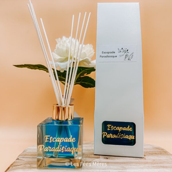 Diffuseur de parfum artisanal "escapade paradisiaque" à tiges en rotin naturel senteur monoï coco vanille. Contenant en verre transparent, liquide paillette & décoratif, bouchon doré et packaging blanc