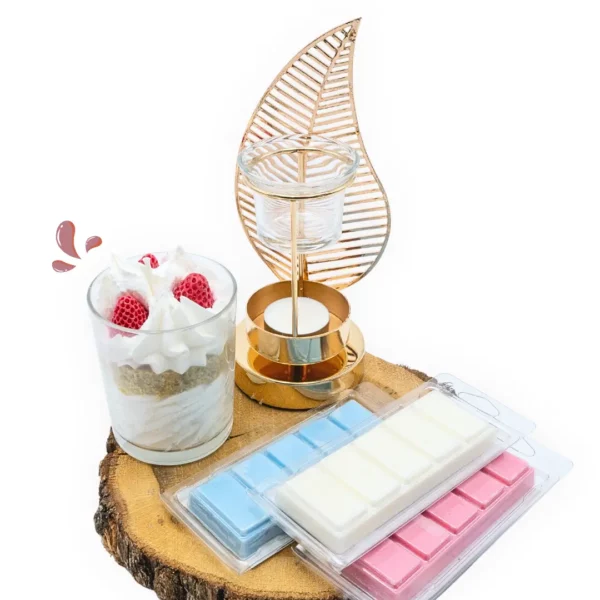 Coffret grande bougie gourmande + 3 fondants barres parfumées + brûle parfum