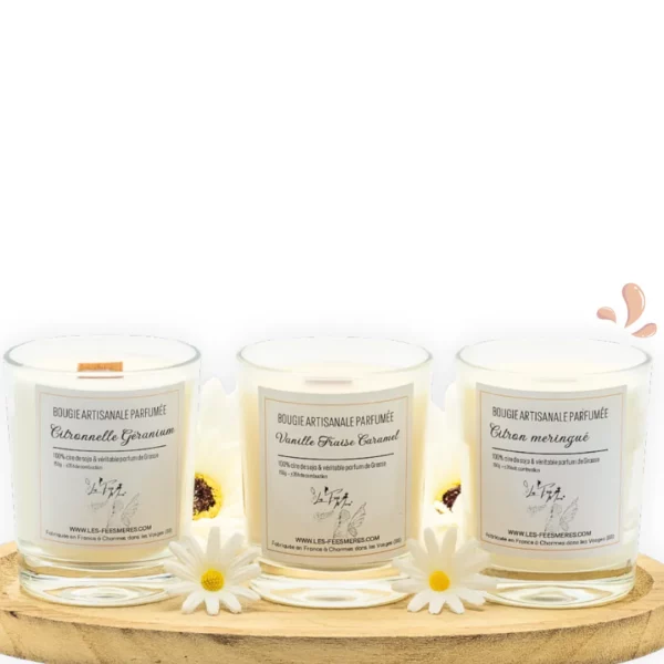cette photo représente le coffret de 3 bougies coulées artisanales