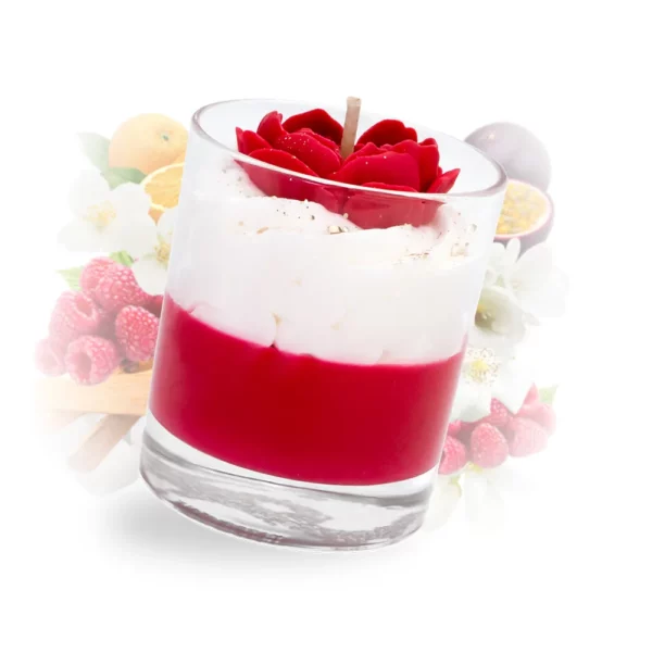 Photo qui représente notre bougie gourmande jasmin passion et les notes qui composent sa fragrance