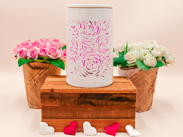 Cette photo représente le diffuseur électrique bouquet de rose allumé en rose en pleine lumière