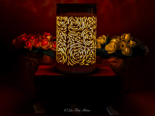 Cette photo représente le diffuseur électrique bouquet de rose allumé en jaune dans le noir cela montre l'ambiance que cela apporte.