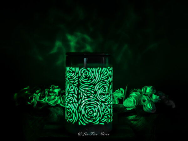 Cette photo représente le diffuseur électrique bouquet de rose allumé en vert dans le noir cela montre l'ambiance que cela apporte.