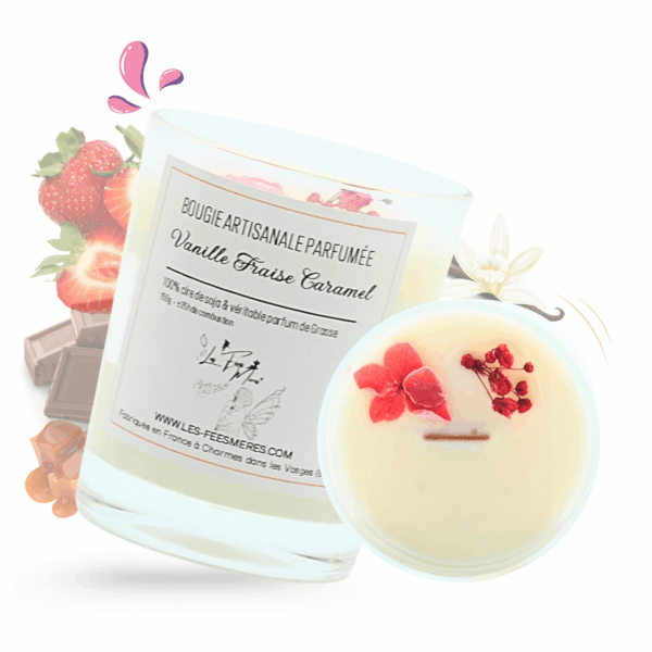 cette photo représente la bougie vanille fraise caramel fleurie