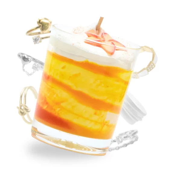 Photo de la bougie bijou Fleur de tiare et exemples de bague qu'elle peut contenir