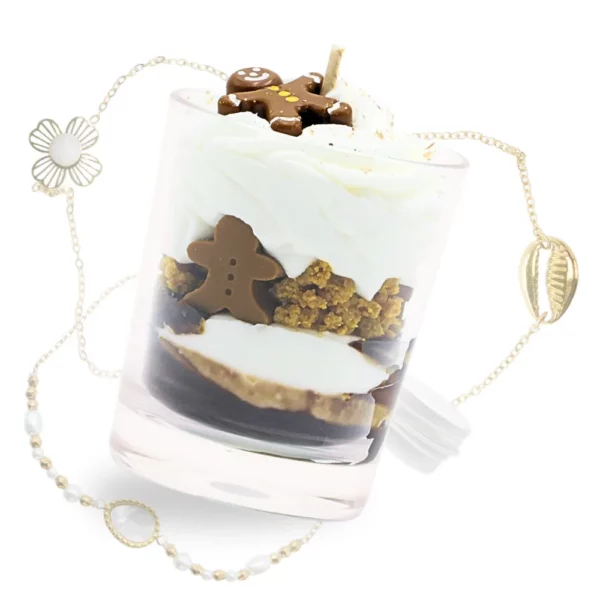 Photo de la bougie bijou Pain d'Epices et exemples de bracelet qu'elle peut contenir