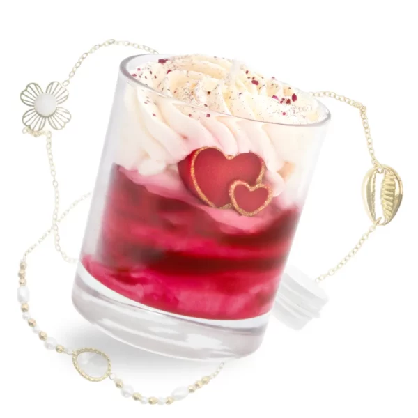 Photo de la bougie bijou Saint Valentin et exemples de bracelet qu'elle peut contenir